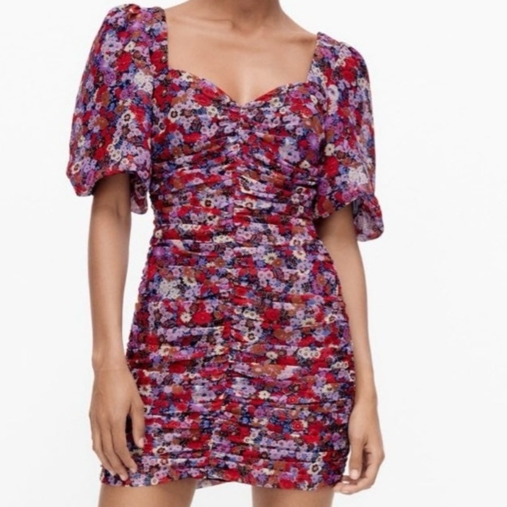 Zara Shirred‎ Floral Print with Gold Accent Thread Mini Dress with Puff Sleeves